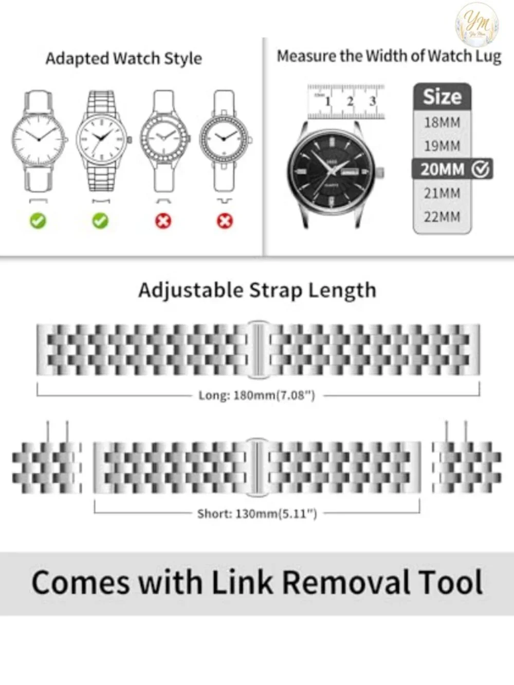 Stainless Steel Replacement Watch Band with Link Remover Tool, Adjustable for